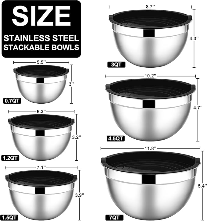E-far Mixing Bowls with Lids, 12-Piece Stainless Steel Salad Bowls Metal - Image 2