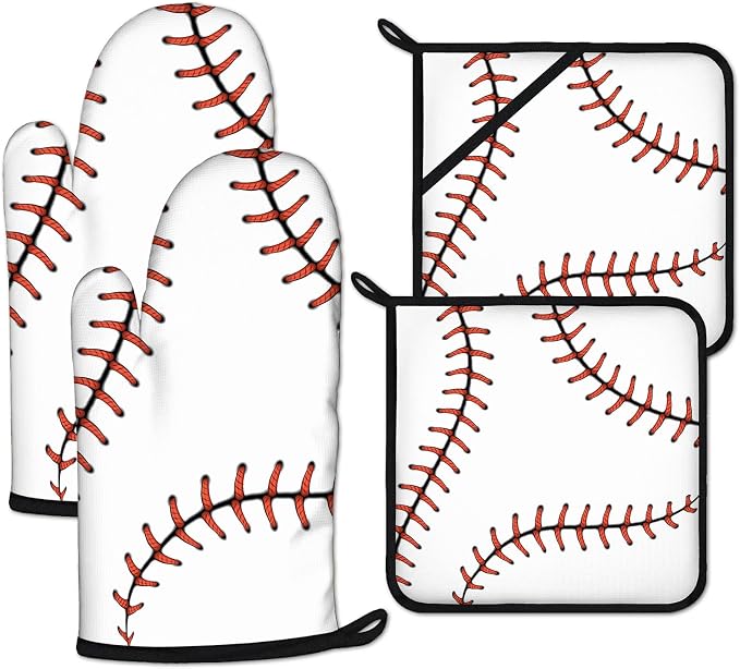 Baseball Oven Mitts and Pot Holders Sets Heat Resistant 4Pcs Potholders Oven by ANTJOO