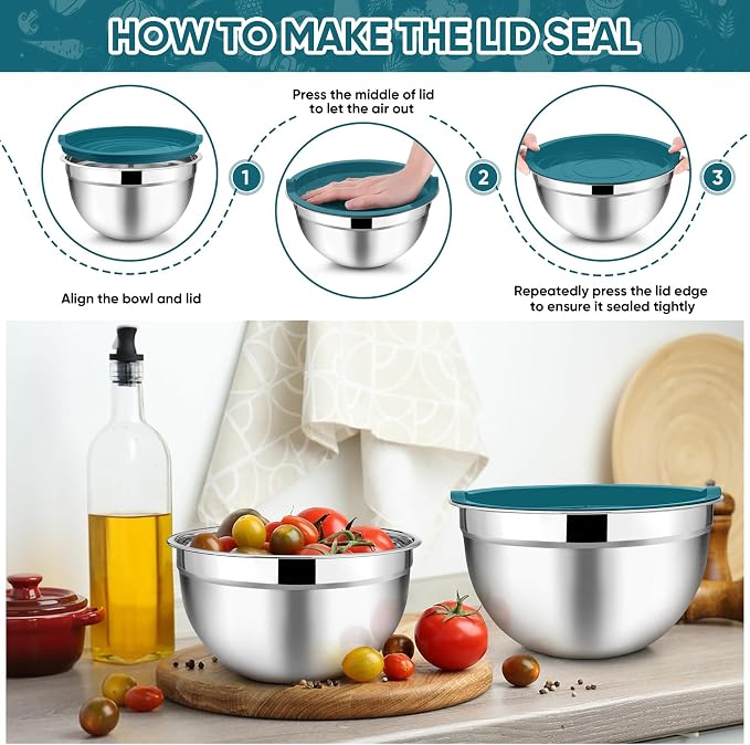 TeamFar Mixing Bowl Set of 5, Stainless Steel 4.5/3/1.5/1/0.7 QT Metal Nesting - Image 6