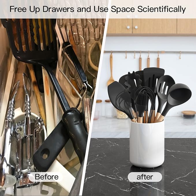 LATCHHOOK White utensil holder for Countertop, Glossy White Ceramic Utensil - Image 5