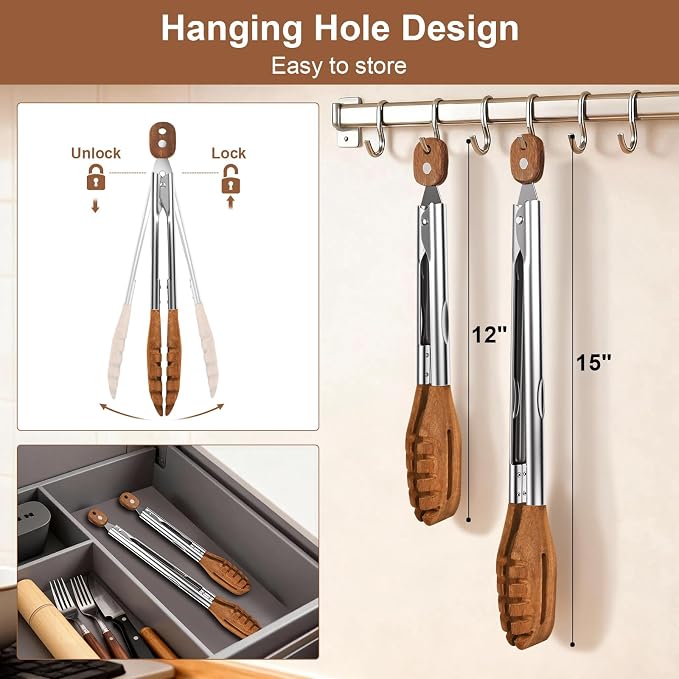 2 Pack 3-in-1 Wooden Tongs for Cooking Natural Walnut Wood kitchen Tongs - Image 3