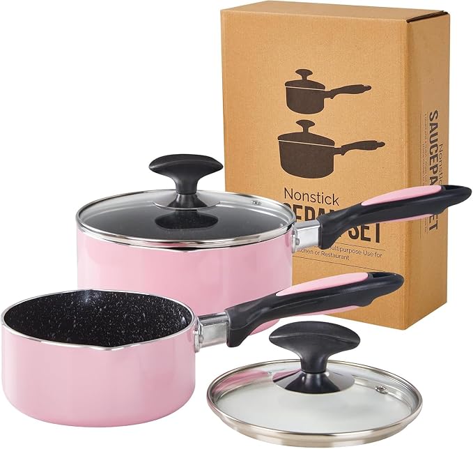 Nonstick Saucepan Set with Lid, Non Stick 1Qt & 2Qt Sauce Pan Set with Glass by HooJay