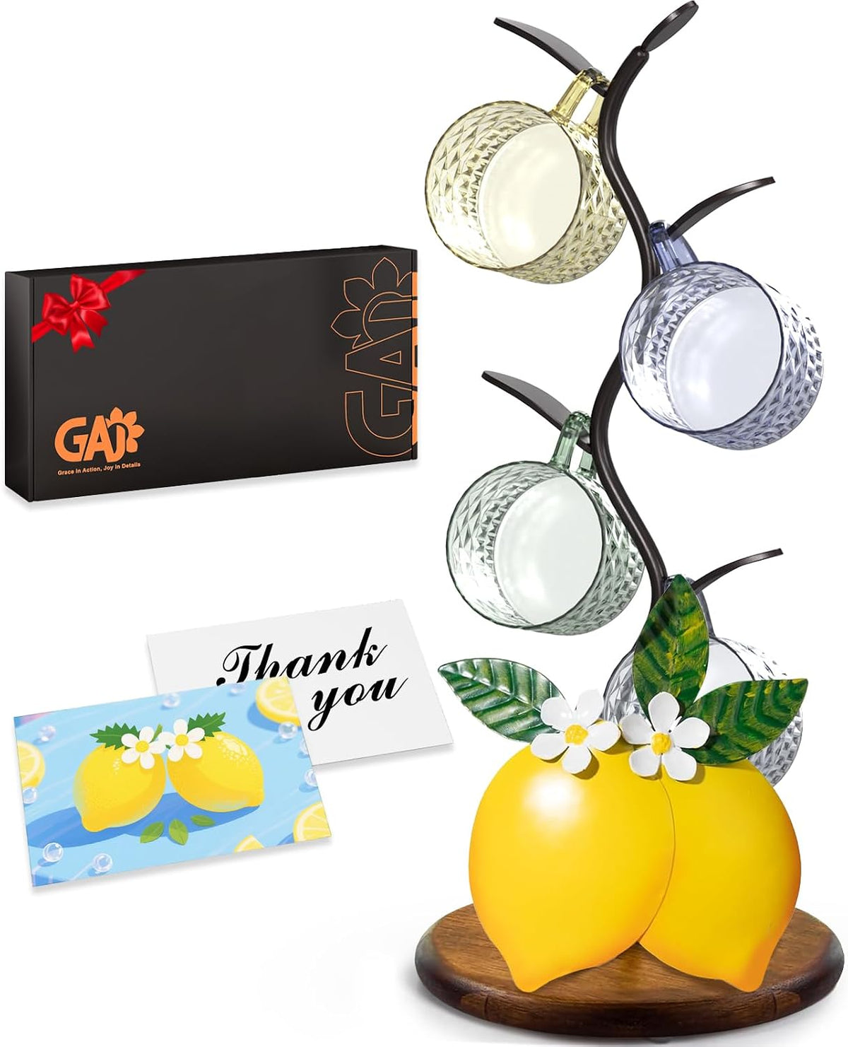 GAJ Lemon Mug Tree Coffee Cup Holder, Countertop Stand Holds 4 Cups