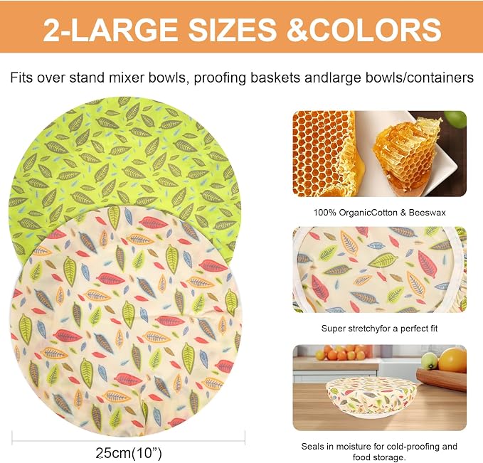 Reusable Bowl Covers for Bread Proofing（2 Large）- Cotton Beeswax Bowl Covers - Image 2