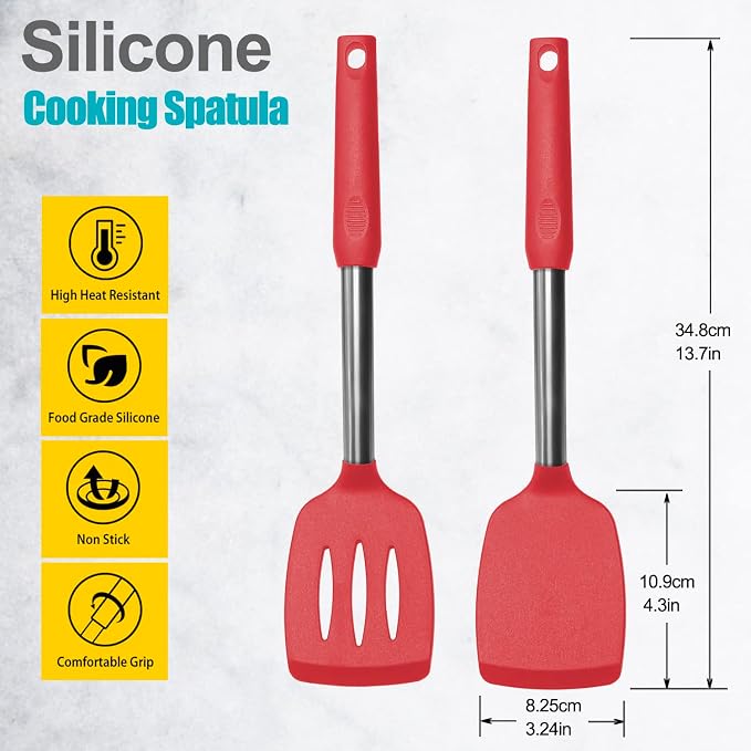 2 Pack Spatulas, Solid & Slotted Silicone Spatula Set, Stainless Steel Handle - Image 2