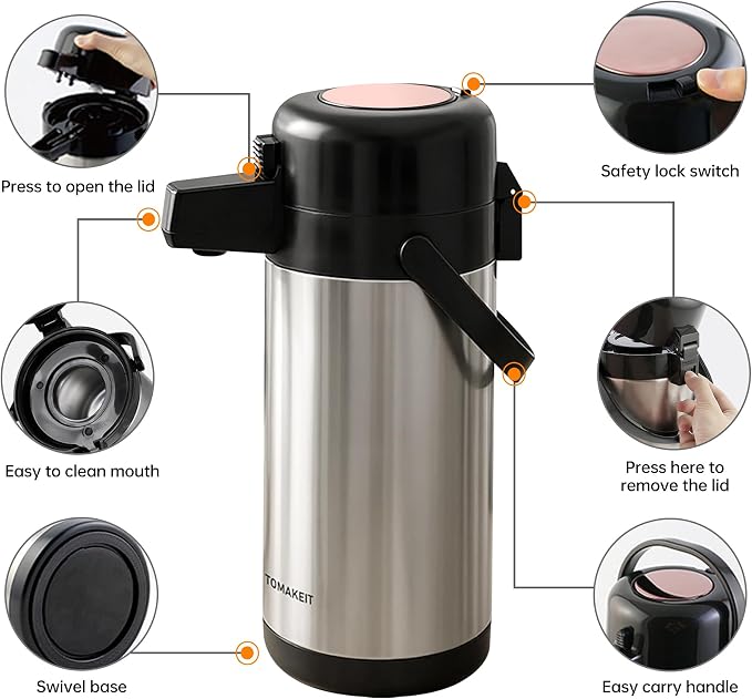 TOMAKEIT Airpot Coffee Carafe for Keeping Hot, 102oz/3L Coffee Dispenser Thermal - Image 3