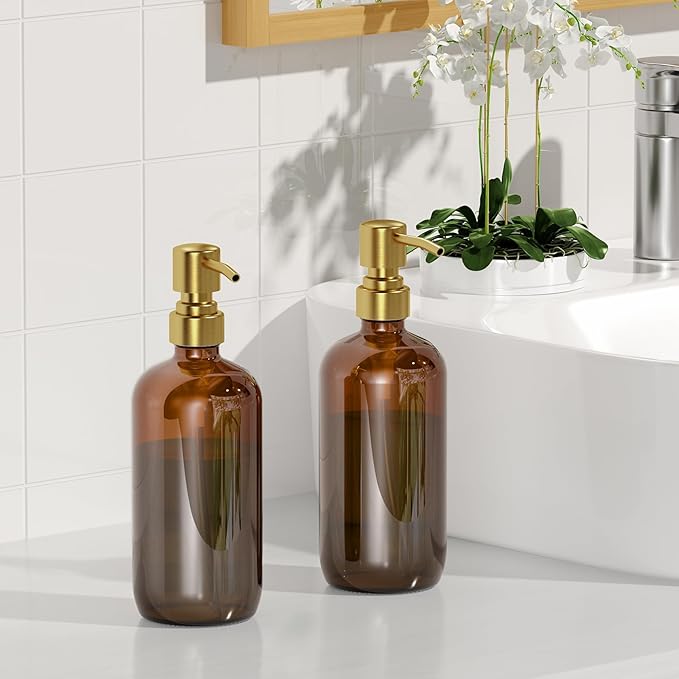 AmazerBath Amber Glass Soap Dispenser, 2 Pack Vintage Brown Bottle - Image 6