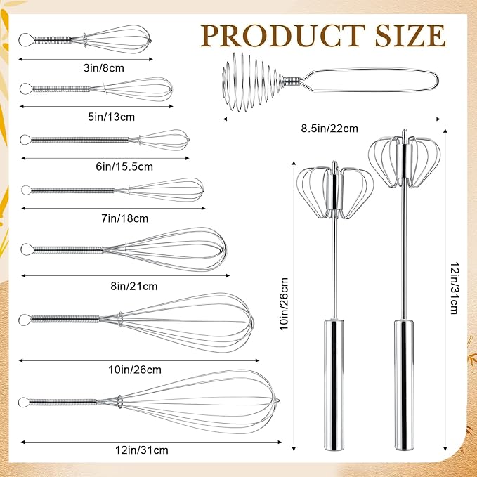 Teenyyou 10 Pcs Stainless Steel Whisks Set Egg Beater Semi Auto Whisk Blender - Image 2