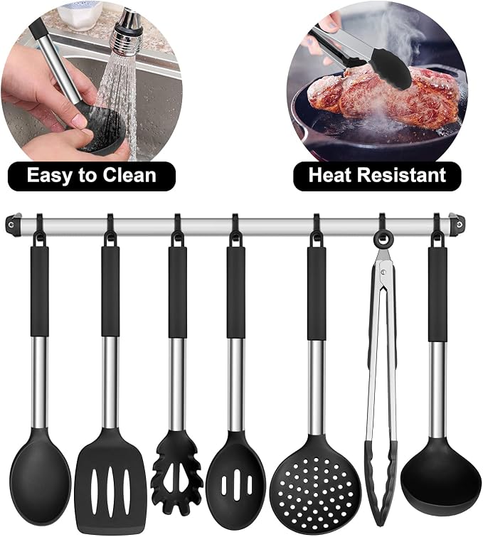 E-far Silicone Cooking Utensils Set, Slotted Turner, Soup Ladle, Pasta Server - Image 6