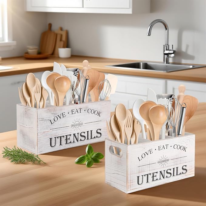 2 PC Wooden Utensil Holder, （With 4-Compartments size*1 + 3-Compartments - Image 7