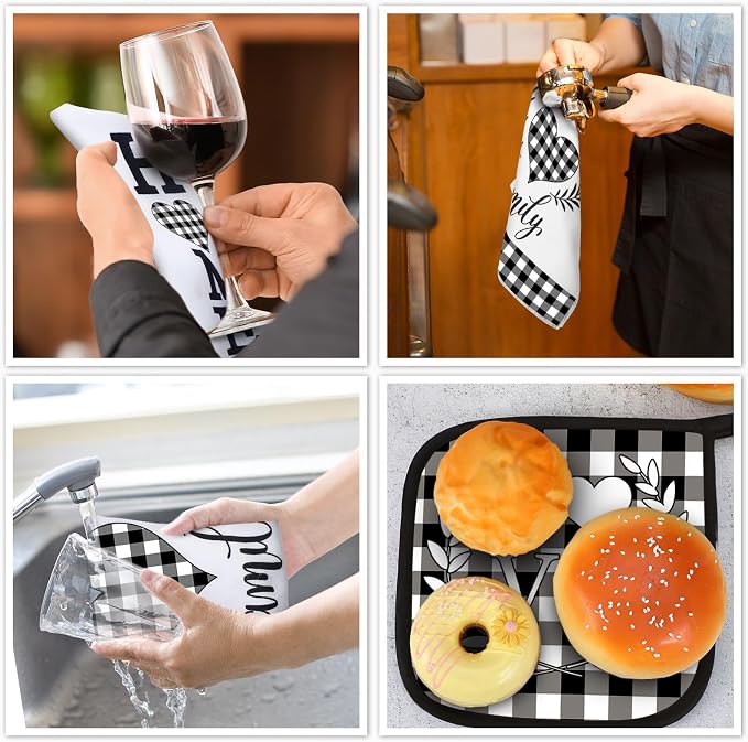 5 Pieces Buffalo Plaid Kitchen Towels Oven Mitts and Pot Holder Set Black and - Image 7