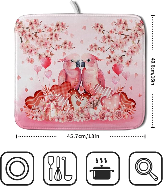 Small Holiday Dish Drying Mat Pink Love Bird Absorbent Coffee Bar Mat - Image 2