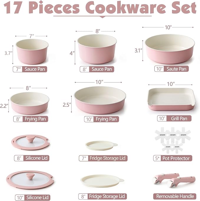 SENSARTE 17 Piece Ceramic Pots and Pans Set, Nonstick Detachable Handle Cookware - Image 2
