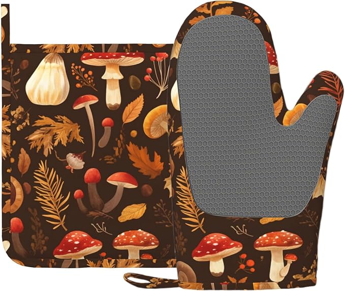 Mushroom Oven Mitts and Pot Holders Sets Vintage Leaf Silicone Kitchen Mitts by Unknown