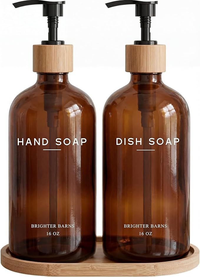 Amber Glass Hand and Dish Soap Dispenser Set by Brighter Barns by BrighterBarns