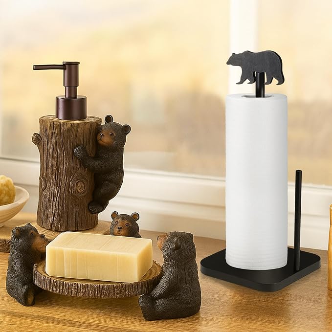 Leinuosen Cabin Bear Paper Towel Holder Farmhouse Bear Wooden Paper Towel - Image 6