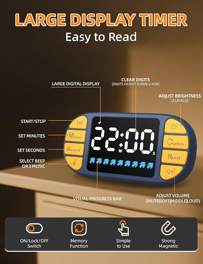DOOMAY Digital Kitchen Visual Timer: 3.6'' Large LED Display, 3 Brightness - Image 2