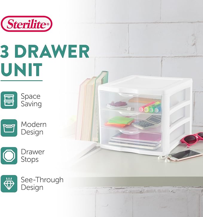 Sterilite 4-Pack 3 Drawer Unit, Stackable Plastic Organizer - Image 4