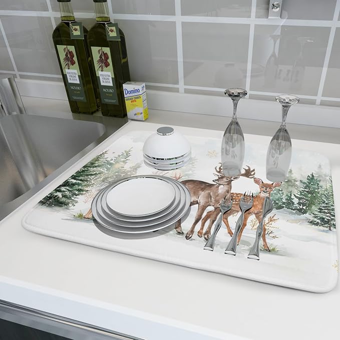 Winter Deer Dish Drying Mat for Kitchen Counter Xmas Trees Snowflake Festival - Image 6