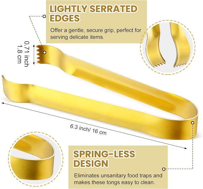 Gejoy 12 Pieces Small Serving Tongs 6.3" Mini Gold Ice Stainless Steel - Image 2