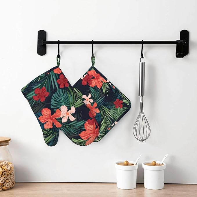 Tropic Hawaiian Hibiscus Flower Oven Mitts Pot Holders Set Silicone Heat - Image 7