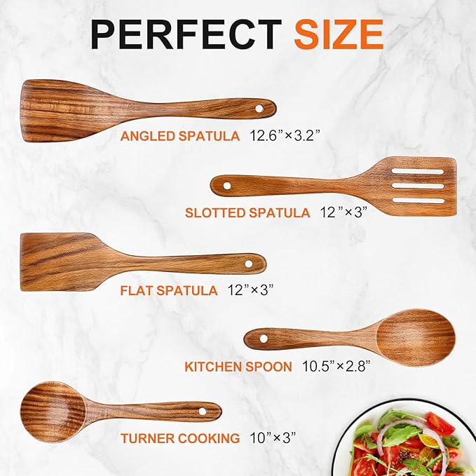 5 Pcs Best Wooden Spoons for Cooking Kitchen Utensils Set Acacia Wood Cooking - Image 7