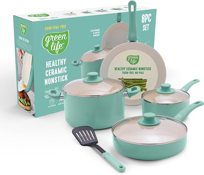 GreenLife 8 Piece Nonstick Cookware Set, Non-Toxic PFAS-Free Ceramic Pots & Pans by GreenLife