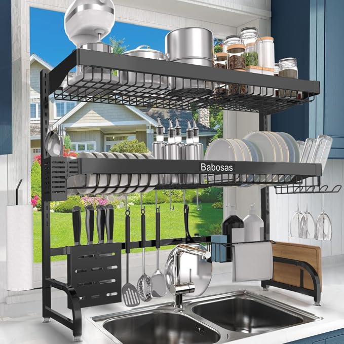 Over The Sink Dish Drying Rack, 3 Tier Adjustable Length Full Stainless Steel by Babosas