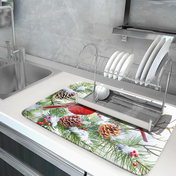 Giwawa Red Birds Dish Drying Mat, Xmas Tree Branch Holly Red Berries Dish - Image 5