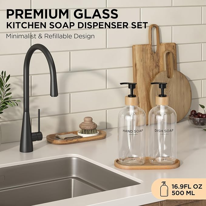 Hand and Dish Soap Dispenser Set, 16oz Glass Bottles - Image 2
