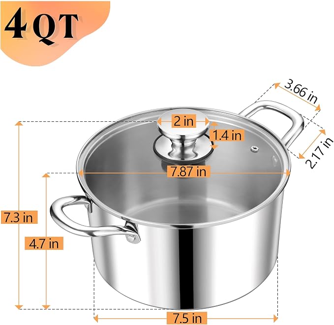 P&P CHEF 4 Quart Tri-Ply Stainless Steel Stock Pot, 4 Qt Stockpot Pasta Cooking - Image 2