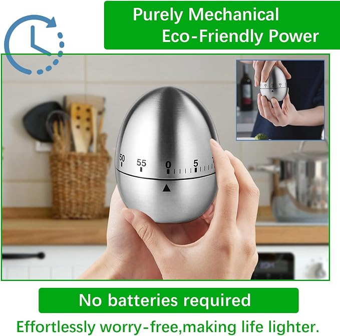 Stainless Steel Mechanical Kitchen Timer, Classic Egg Shape 60-Minute Manual - Image 4