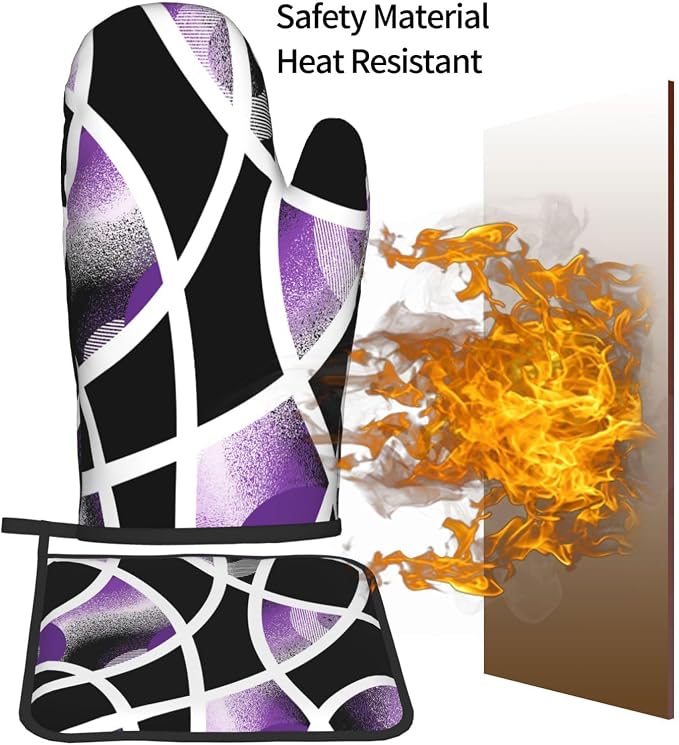3-Piece Purple Black Abstract Geometric Oven Mitts and Pot Holders Set - Image 7