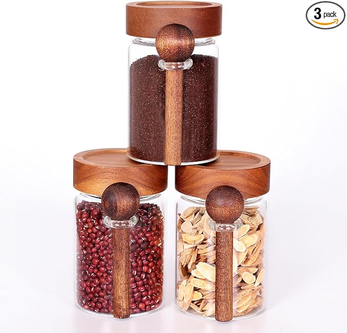 Glass Jar with Acacia Screw Lid and Spoon, 16 OZ Tea Containers by LEAVES+AND+TREES+Y
