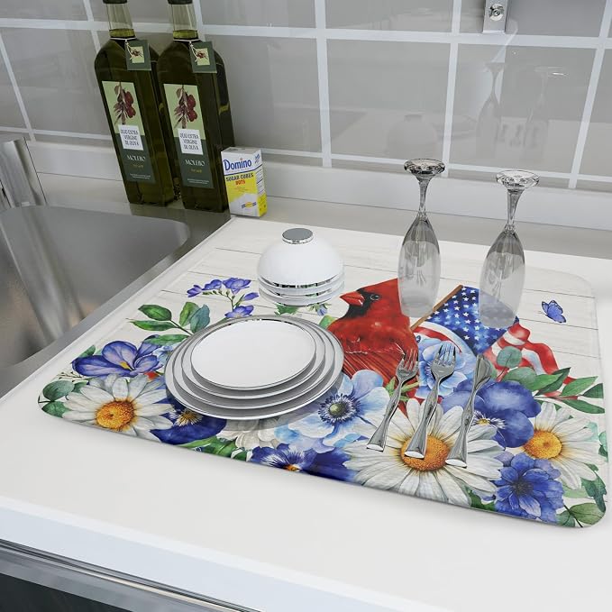 4th of July Dish Drying Mat for Kitchen Counter Cardinal Patriotic Flowers - Image 6