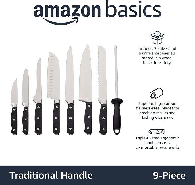 Amazon Basics 9-Piece High-Carbon Stainless Steel Kitchen Knife Set - Image 2