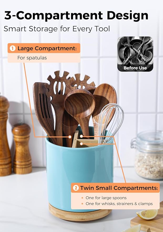 LoeJan 3 Compartment Utensil Holder, Extra Large Utensil Crock, Stable Ceramic - Image 3