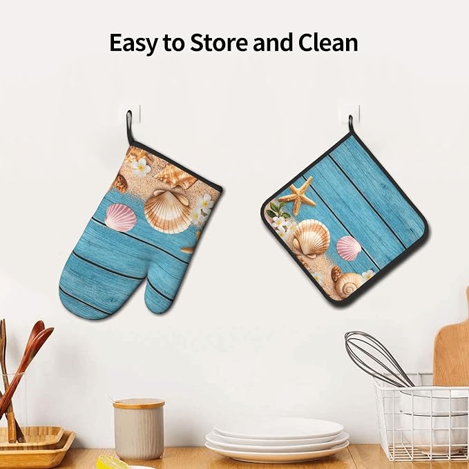 Coastal Oven Mitts and Pot Holders Sets Navy Blue Wooden Starfish Seashell Oven - Image 6