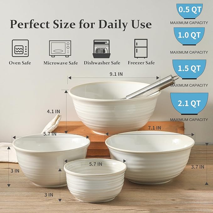 Hasense Ceramic Mixing Bowls, 2.1/1.5/1.0/0.5 Qt, Nesting Bowls - Image 2