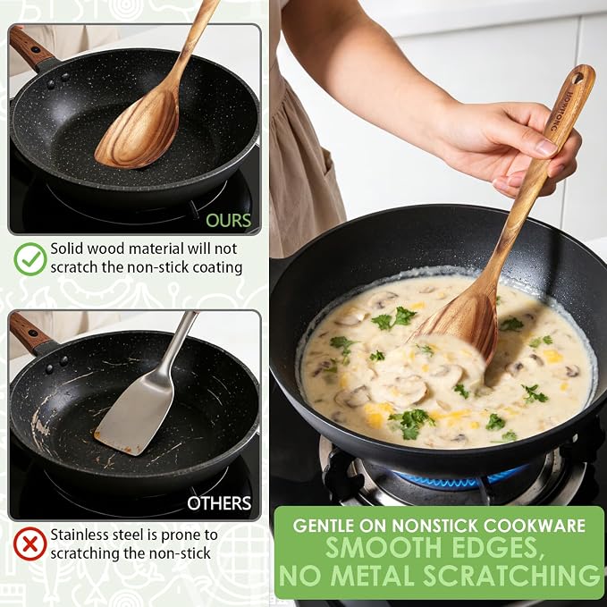 HOWHONG Corner Spoon Wooden Cooking Utensil, Long Handle Acacia Wood Spoon - Image 5