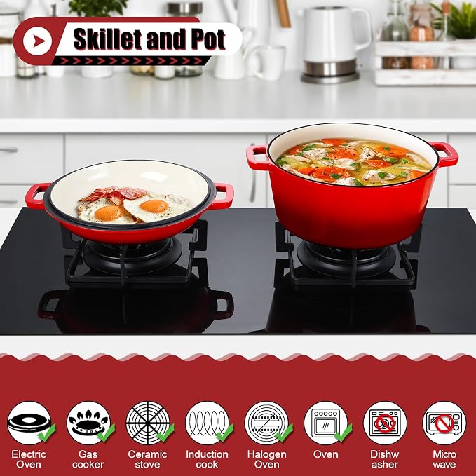 P&P CHEF 5Qt Dutch Oven Pot for Bread Baking, 2 In 1 Round Cast Iron Dutch Oven - Image 3