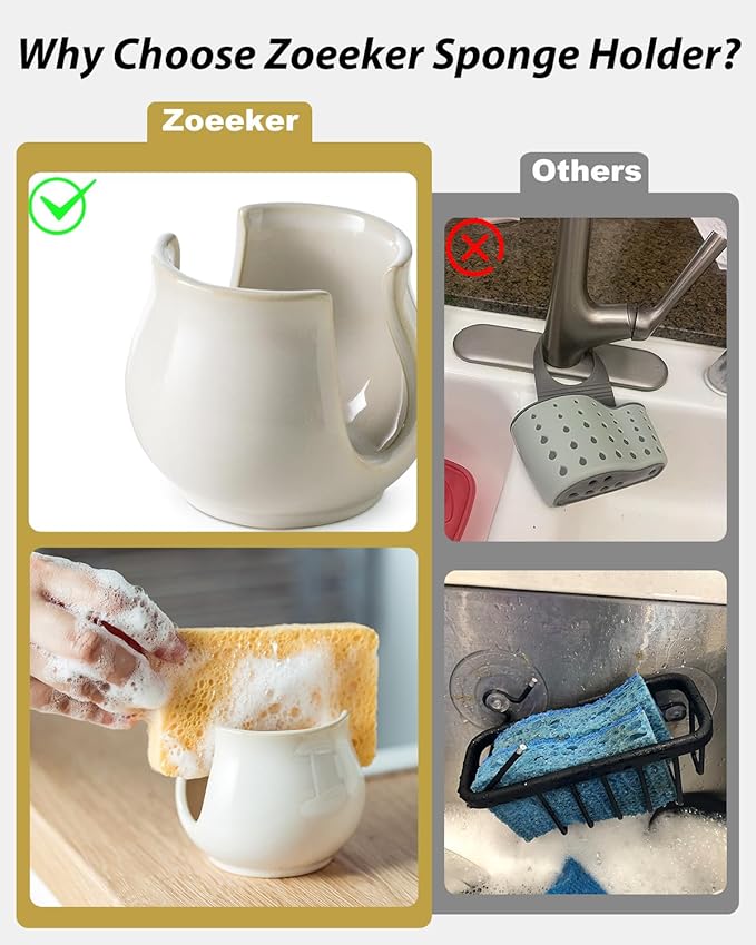 Zoeeker Sponge Holder for Kitchen Sink Counter, Ceramic Dish Sponge Caddy White - Image 3