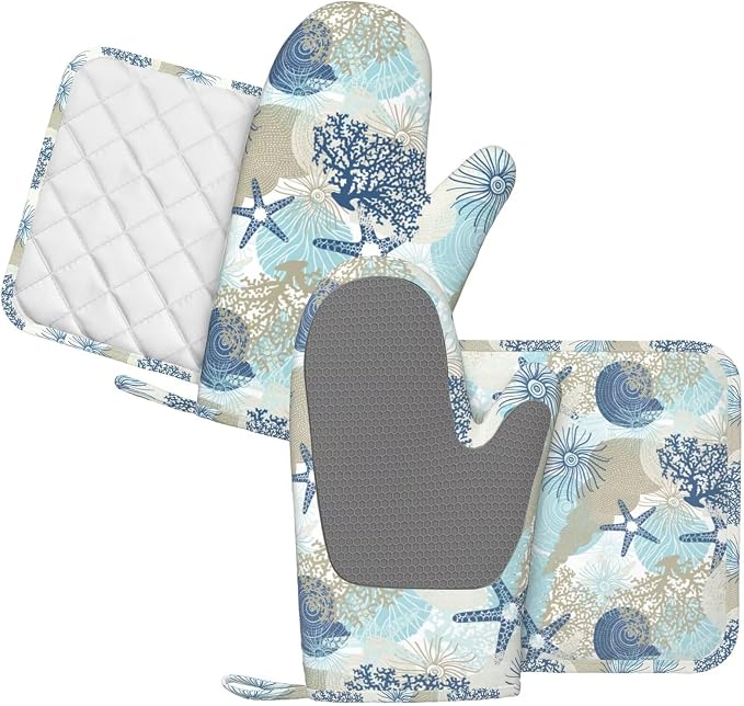 Nautical Coastal Oven Mitts and Pot Holders Set of 4 Silicone Starfish Seashell - Image 2