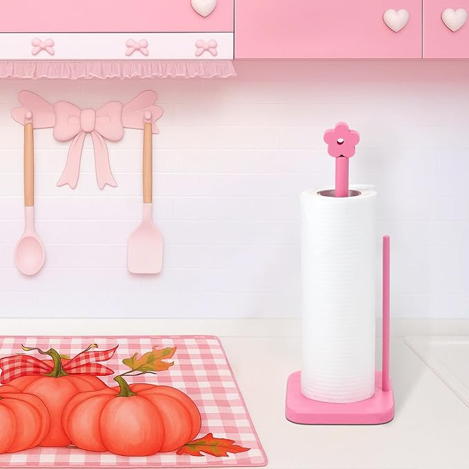 Leinuosen Pink Flower Paper Towel Holder Coquettish Cute Flower Wooden Paper - Image 5