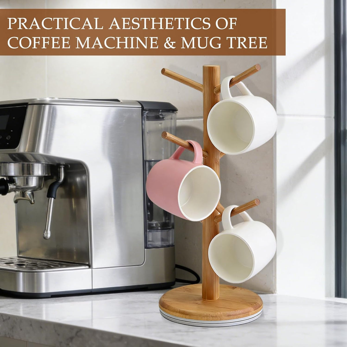 Coffee Mug Tree, 360° Rotated Mug Holder with 6 Hooks, Bamboo Latte