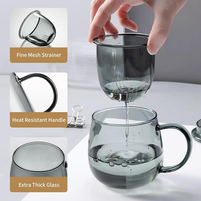Glass Tea Cup with Infuser and Lid, 17.6oz/520ml Large Borosilicate Teacup - Image 3