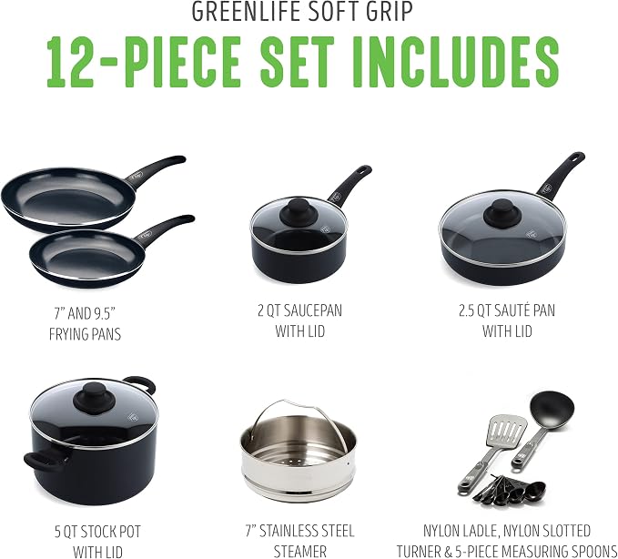 GreenLife Soft Grip Healthy Ceramic Nonstick 12 Piece Kitchen Cookware Pots and - Image 5