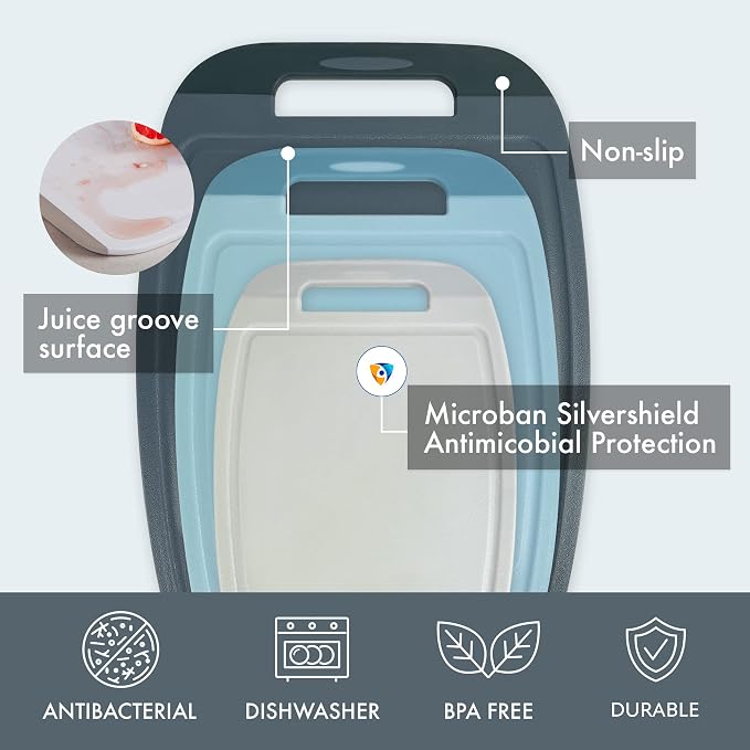 Neoflam Microban Antimicrobial Plastic Cutting Board 3 Sets, BPA Free, Non-Slip - Image 4
