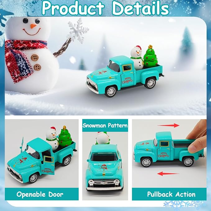Vintage Blue Christmas Truck Decor – 4.9″Retro Die-Cast Metal Pickup - Image 4
