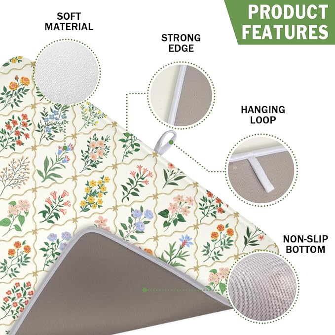Floral Dish Drying Mat for Kitchen Counter Spring Summer Wild Flowers Diamond - Image 3
